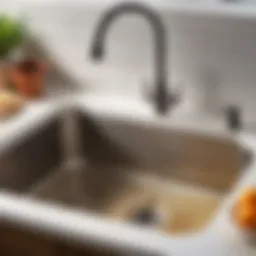 A close-up of a kitchen sink showing slow drainage with water pooling.