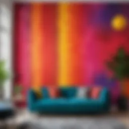 Colorful painted wallpaper in a modern living room