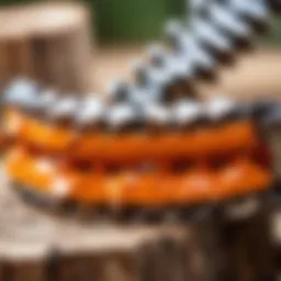 Detailed view of a chainsaw chain's sharp teeth