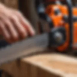 Close-up of a chainsaw chain being sharpened with a file