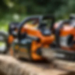 Different types of electric chainsaws displayed