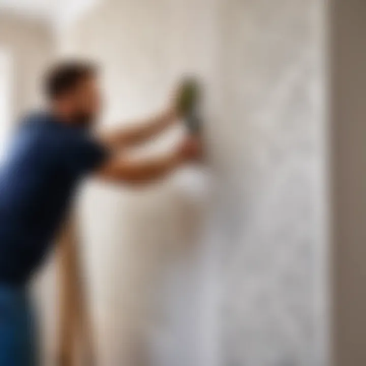 Application of stencil on wall for decorative plaster