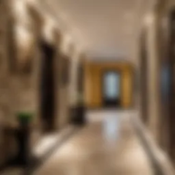 Stylish corridor featuring decorative stone walls