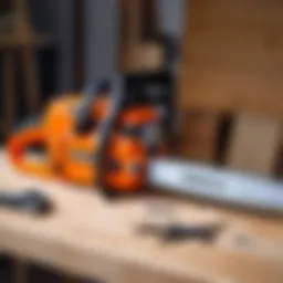 Electric chainsaw on a workbench with tools