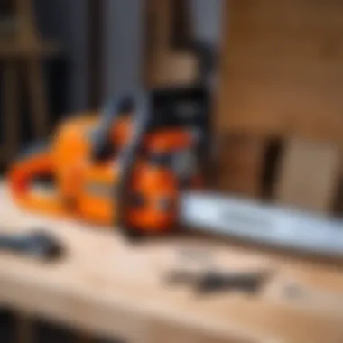 Electric Chainsaw Ready for Use Electric chainsaw on a workbench with tools