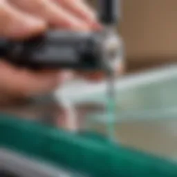 Close-up of an oil-based glass cutter demonstrating its cutting wheel