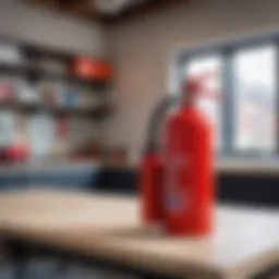 A modern fire extinguisher showcased in a DIY workspace