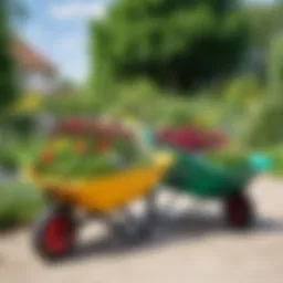 Different types of garden wheelbarrows showcasing their sizes