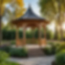 A beautifully designed wooden gazebo in a garden setting