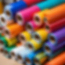 Colorful adhesive film rolls arranged neatly