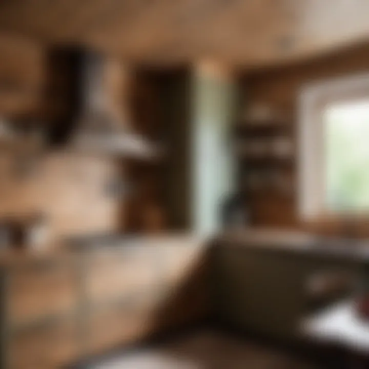 Rustic wooden wall paneling in a cozy kitchen