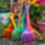 Vibrant Plastic Rakes for Leaf Collection Colorful plastic rakes in a garden setting