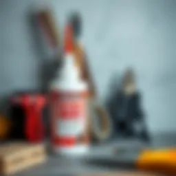 A bottle of PVA glue next to various crafting tools