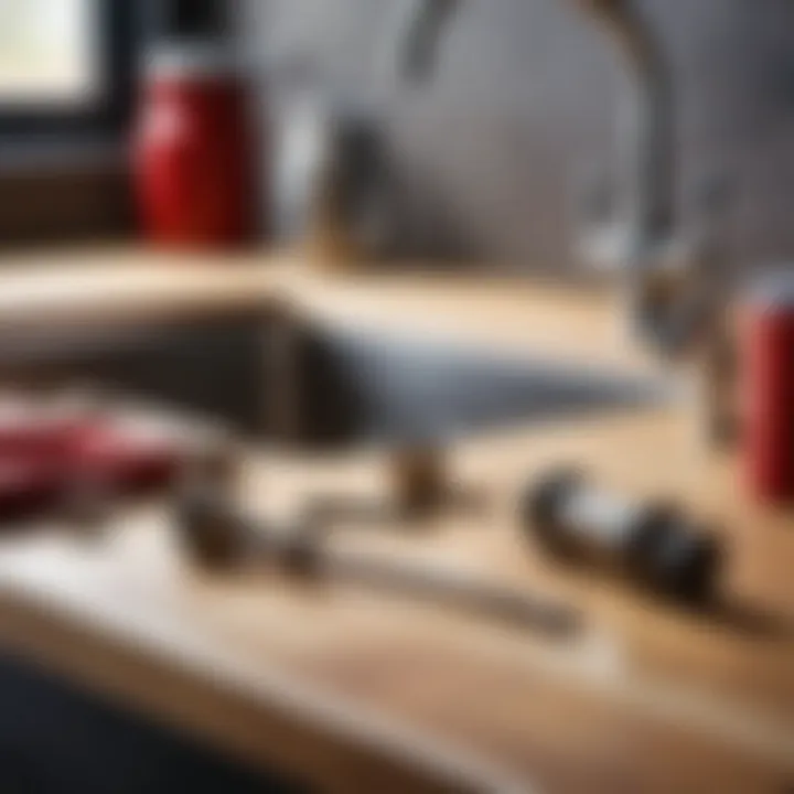 Essential tools for faucet repair displayed on a workbench