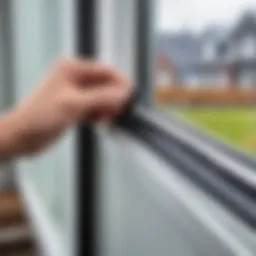 Close-up of a weatherstrip being installed in a window frame