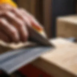 Close-up of a wooden saw blade being sharpened with a file