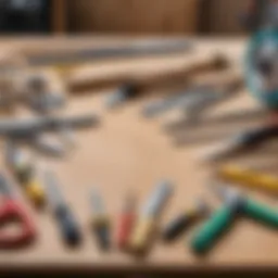 A variety of cutting tools for woodworking displayed on a workbench.