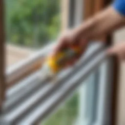 Close-up of acrylic sealant application on window frame